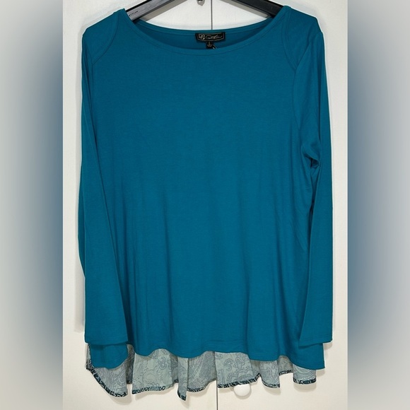 DG2 Diane Gilman Women Large Teal Blue Crew Neck Flowy Paisley Long Sleeve Top - Picture 1 of 8
